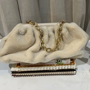 Elegant Cream Faux Fur Women's Bag with Gold Chain